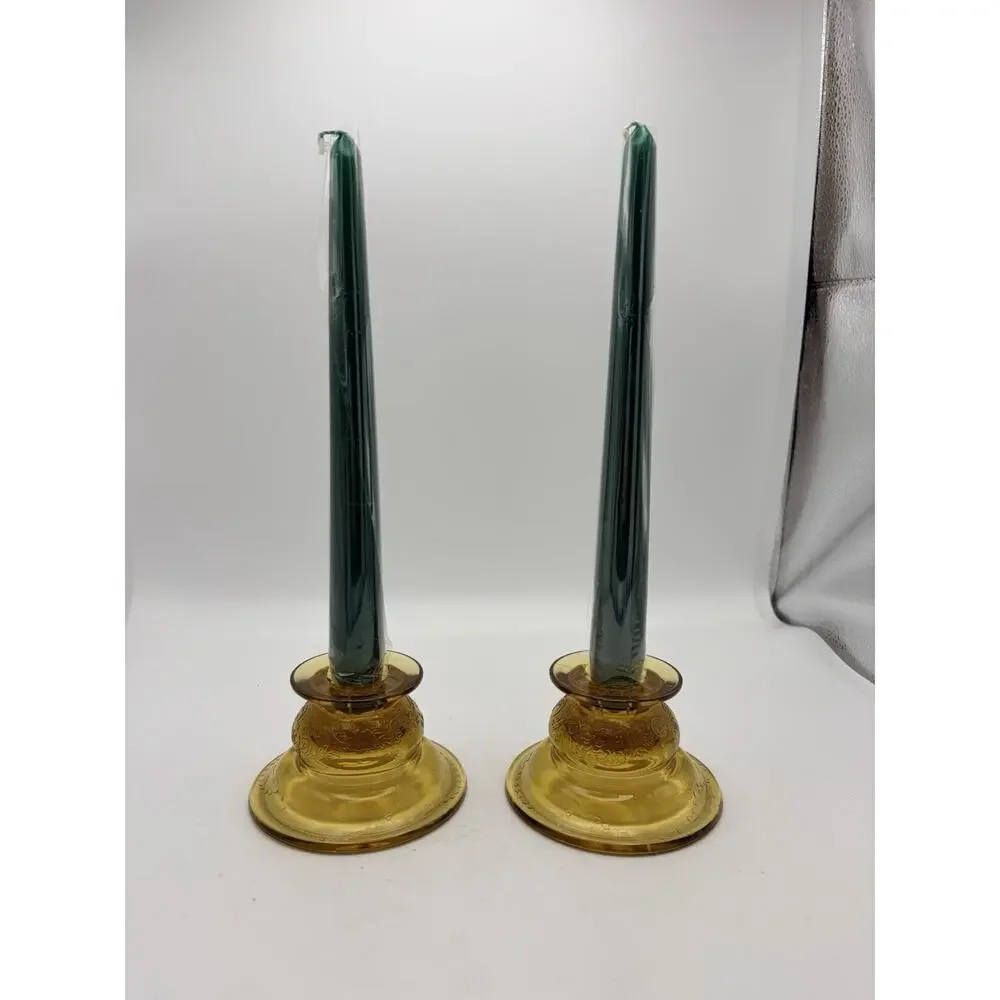 Federal Madrid Amber Depression Glass Votive Candle Holders Set Of 2 Vintage